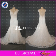 ED Bridal Cap Sleeve See Through Back Mermaid Lace Applioques Bead Work Wedding Dress 2017